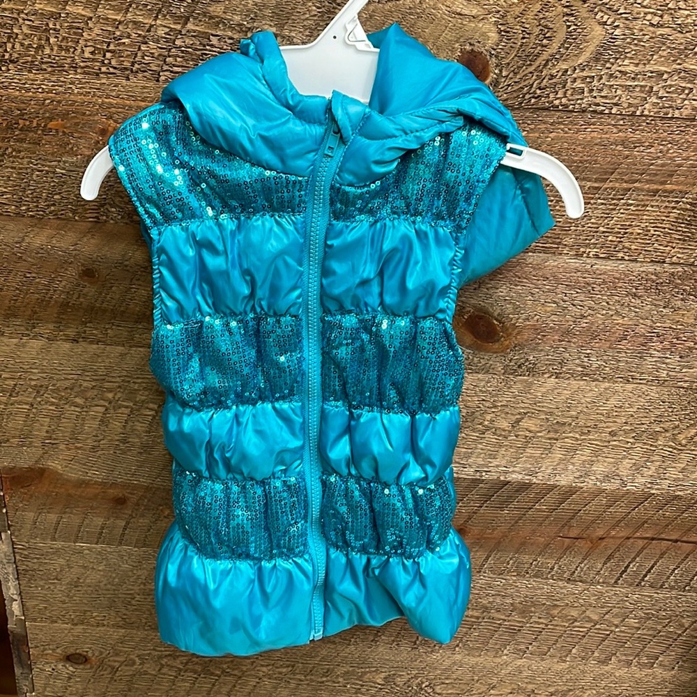 HeartSOUL Girl Full Zip Hooded Puffer Vest Jacket Teal with Sequins Small